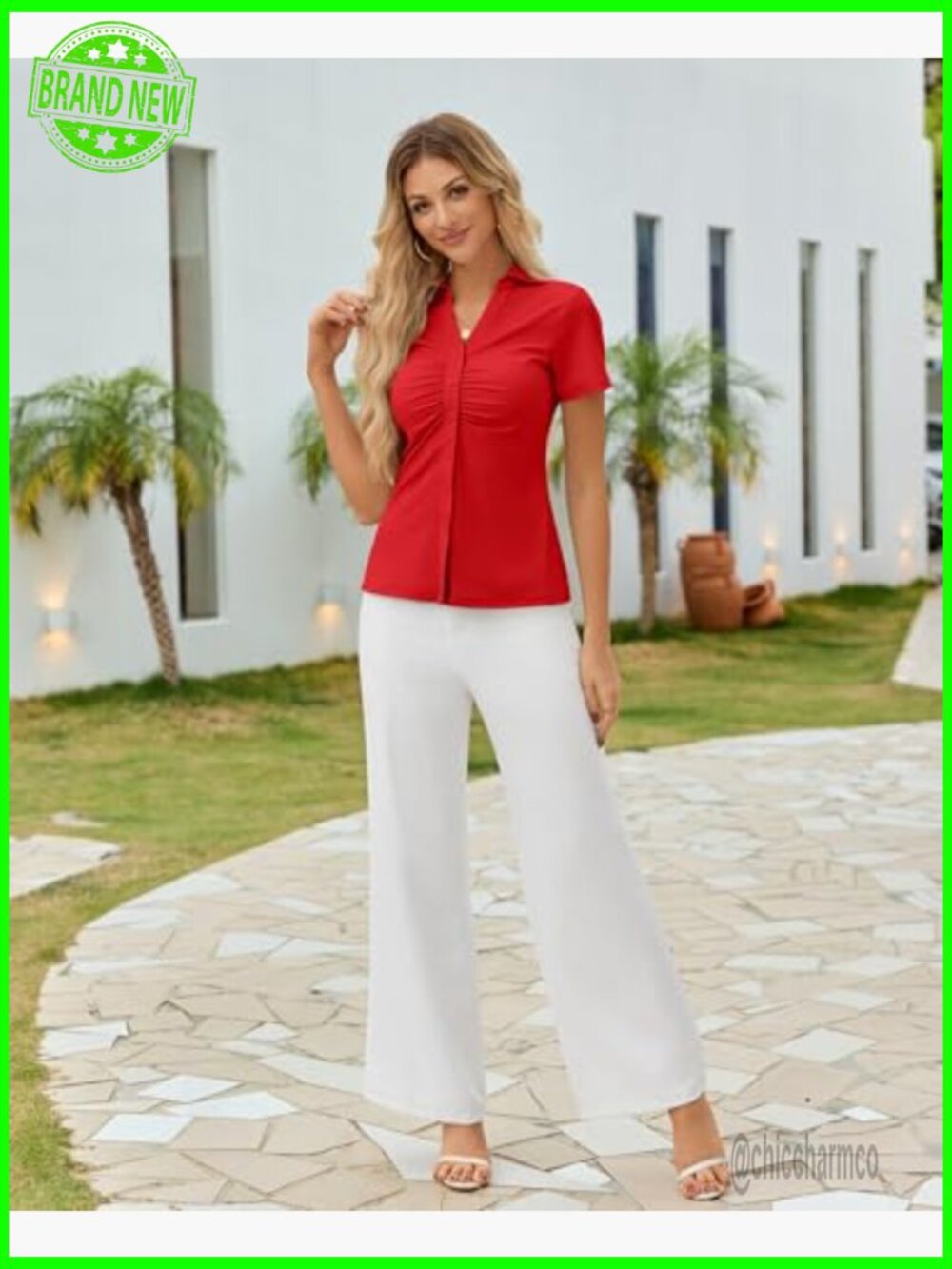 Short Sleeve Button Down Ruched Top Y2K Fitted Blouse - Picture 5 of 7